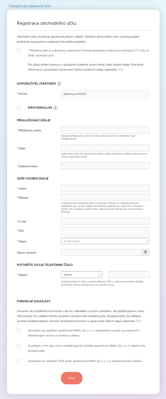 Formulář registrace obchodního účtu