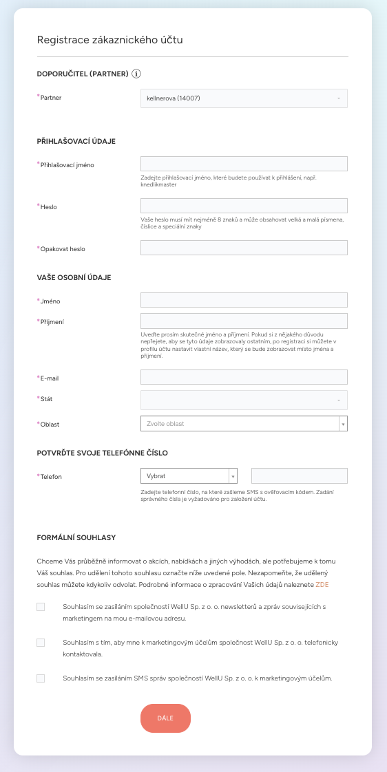 Formulář registrace zákaznického účtu